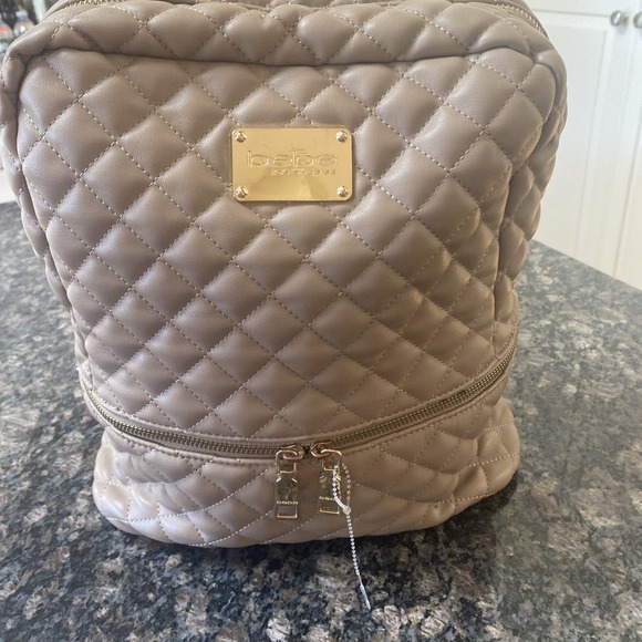 Bebe Women's Gold Logo Embossed Backpack Tan 89 - Picture 1 of 16